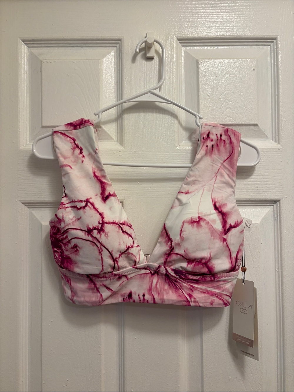 CALIA by Carrie Underwood White and Pink Tie-Dye V-Neck Bikini Top